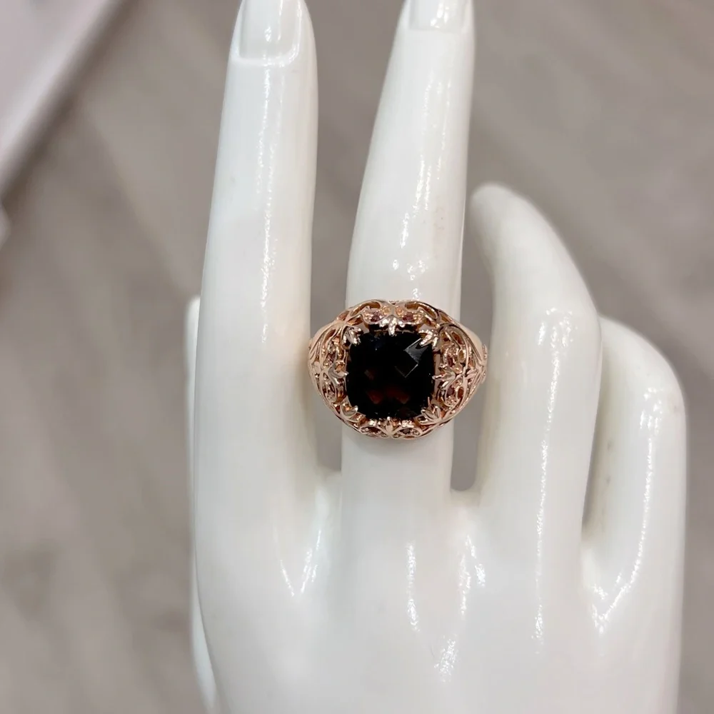 Brazilian Smoky Quartz Orissa Rhodolite Garnet 14K RG Sterling Silver Ring Sz 8